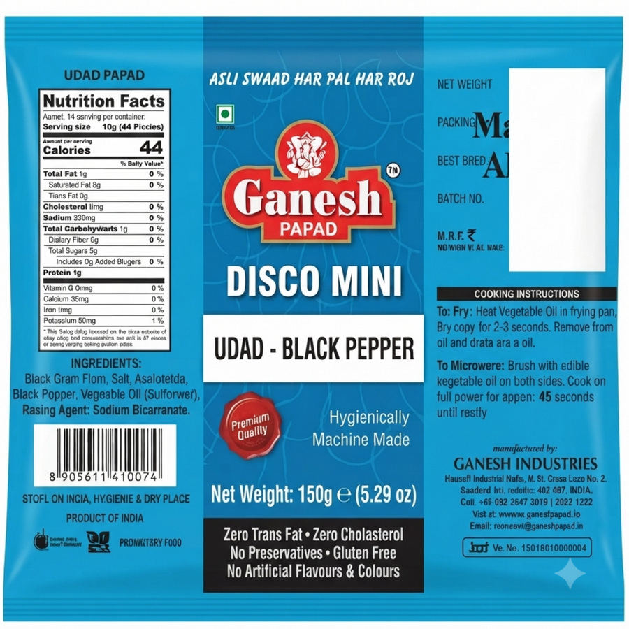 Ganesh Disco Mini Udad Black Pepper Papad 150g